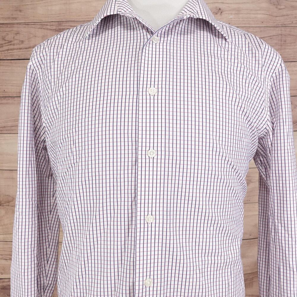 Egara‎ Dress Shirt Mens Large Purple Check Non Iron 100% Cotton Long Sleeve